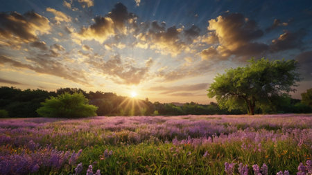 Sunset over a field of purple lavender with a tree in the backgroundの写真素材