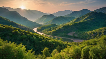 Mountain landscape with river and forest at sunset. Beautiful nature sceneryの写真素材