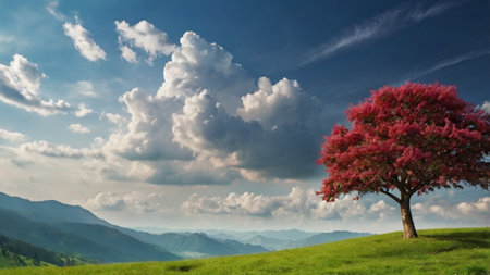 Tree in the meadow and mountains under the blue sky with cloudsの写真素材