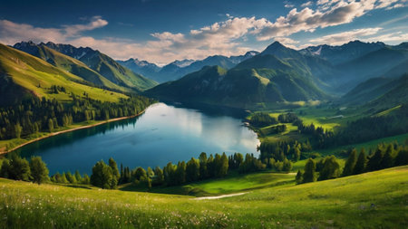 panoramic view of alpine lake in summer, switzerland