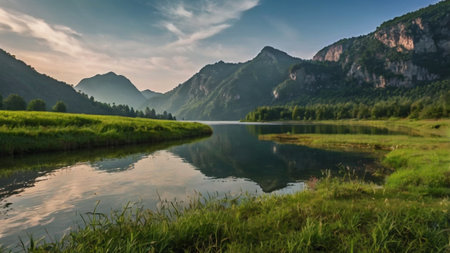 Panoramic view of the lake and mountains at sunset. Beautiful summer landscape.