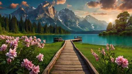 Wooden pier on the mountain lake in the morning. Beautiful summer landscapeの写真素材
