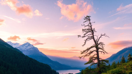 Sunset over Lake Louise, Banff National Park, Alberta, Canadaの写真素材