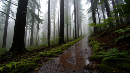 Foggy forest with puddles on the ground and tree trunksの写真素材