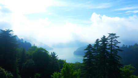 Beautiful panoramic view of the lake and the forest.の写真素材