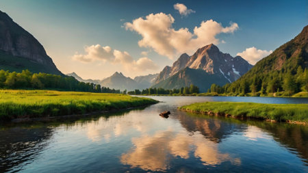 Mountain lake in the mountains at sunset. Beautiful summer landscape.