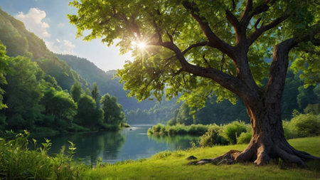 Beautiful summer landscape with a big old oak tree and a lake
