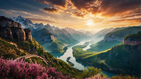 Beautiful spring landscape with mountains and river. Sunset in the mountains.の写真素材