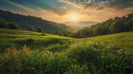 Beautiful sunset in the mountains. Landscape with green meadow and forest