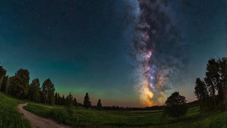 Milky way and aurora borealis over green meadow. Long exposure.