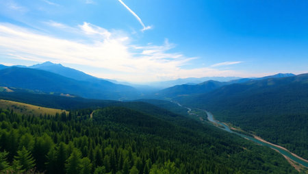 Beautiful mountain landscape with river and blue sky. Carpathians, Ukraine.の写真素材