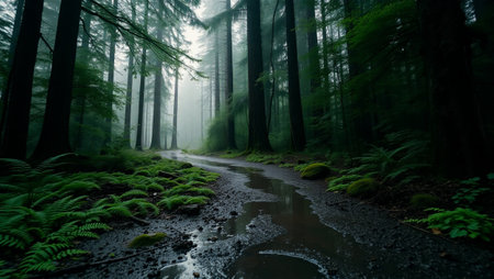 Foggy morning in the green forest with a stream flowing throughの写真素材