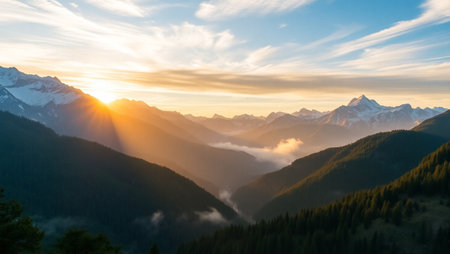 Sunset in the mountains. Panoramic view of the mountains.の写真素材