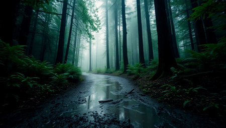 Mysterious forest with fog in the morning. Dark mystical forestの写真素材