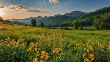Panoramic view of green meadow with yellow flowers at sunsetの写真素材