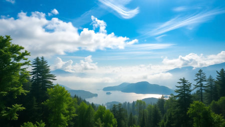 Beautiful mountain landscape with lake and blue sky. Panorama view.