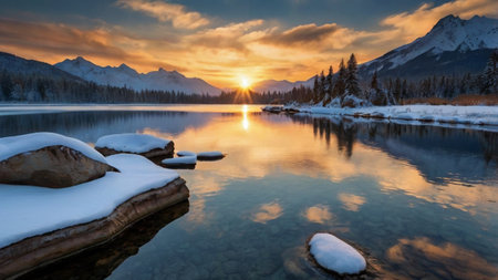 Sunset at a lake in the mountainsの写真素材