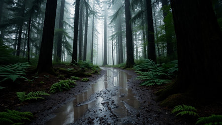 Dirt road through a forest with fog and ferns.の写真素材