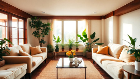 Interior of a living room with sofa, coffee table and plants