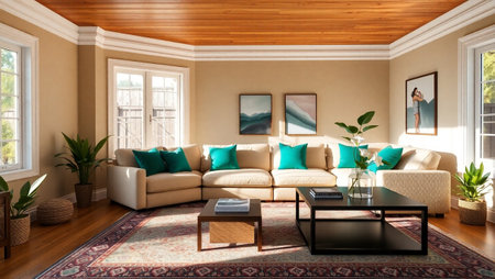 Interior of modern living room with beige walls, green sofa and wooden floor