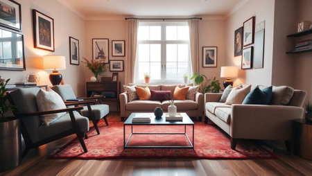 Living room interior with sofa, coffee table, armchair and paintings