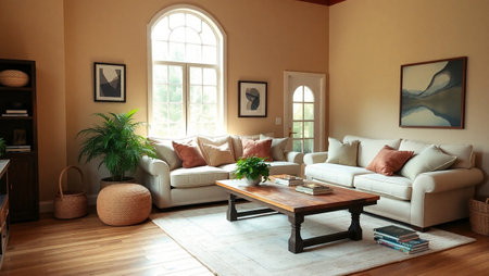 Interior of a living room with a sofa and a coffee table
