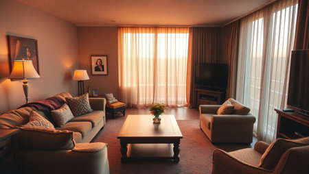 Interior of a hotel room with a sofa and a coffee table