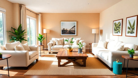 Interior of a living room with white sofa and wooden coffee table