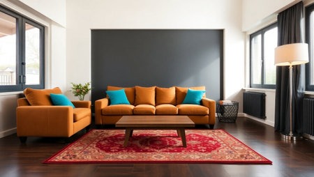 interior of modern living room with sofa and armchair, nobody insideの写真素材