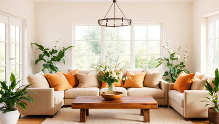 Modern living room interior design with brown sofa, orange pillows, wooden coffee table and plants