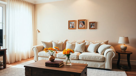 Interior of modern living room with sofa, coffee table and picture framesの写真素材