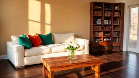 Interior of a living room with a sofa and a bookcase