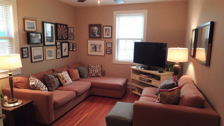 Interior of a living room with sofa, tv and picture frames
