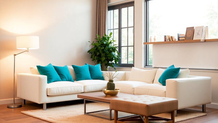 interior of modern living room with sofa and coffee table, nobody insideの写真素材