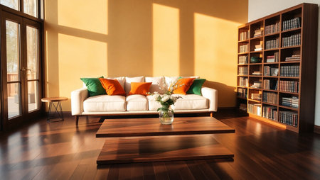 Interior of modern living room with sofa, bookshelf and coffee tableの写真素材