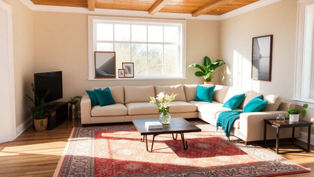 Interior of a living room with a sofa and a coffee tableの写真素材