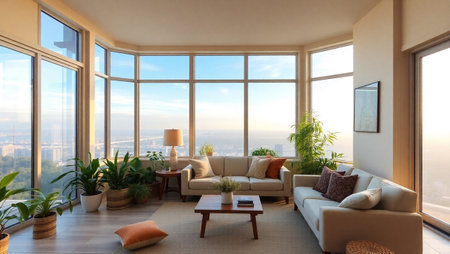 Luxury living room interior with large windows overlooking the city. Nobody insideの写真素材