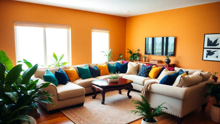 Interior of modern living room with orange walls, sofa and coffee tableの写真素材