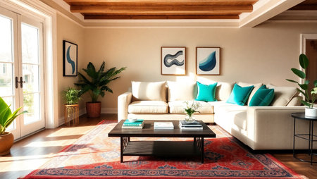 Interior of modern living room with sofa, coffee table and plantsの写真素材