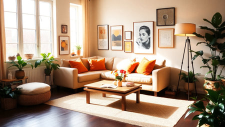 Interior of living room with sofa, coffee table and picture framesの写真素材