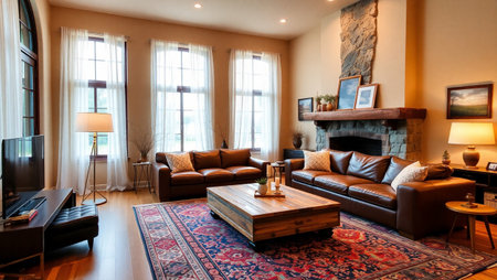 Interior of a living room with a sofa and a fireplace.の写真素材