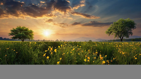 Sunset over a meadow with yellow flowers and a tree.