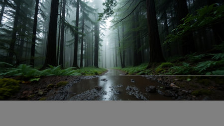 Foggy forest with puddles of water and fernsの写真素材