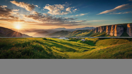 Panoramic view of beautiful sunset in the Carpathian mountainsの写真素材