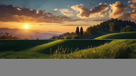 Sunset in Tuscany, Italy. Summer landscape with hills and meadowsの写真素材