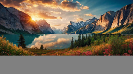 Panoramic view of Lake Louise at sunset, Banff National Park, Alberta, Canadaの写真素材
