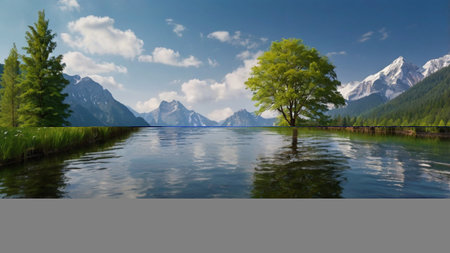 Beautiful landscape with lake, mountains and tree in the foreground.の写真素材