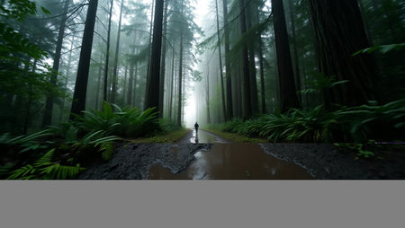 Silhouette of a man walking in the rain forest with fogの写真素材