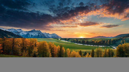 Colorful autumn sunrise in the mountains. Panoramic view.