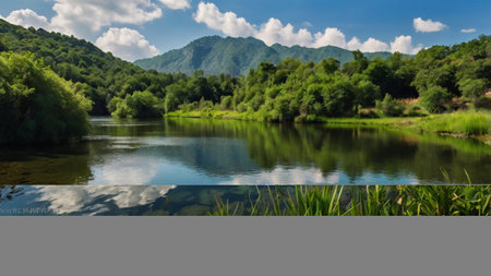 Beautiful summer landscape with a lake and mountains in the background.の写真素材